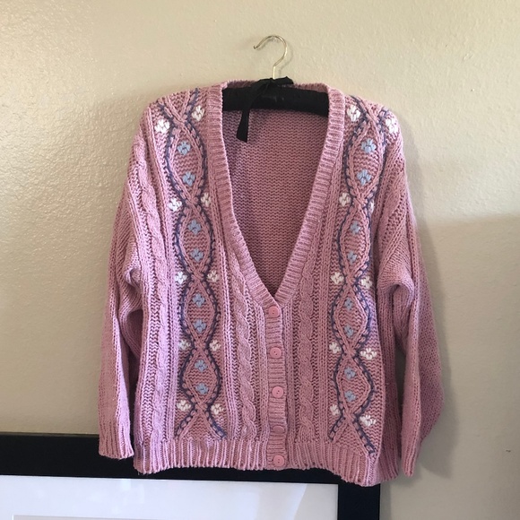 Vintage Sweaters - SOLD! 80s pink cottagecore cable knit cardigan